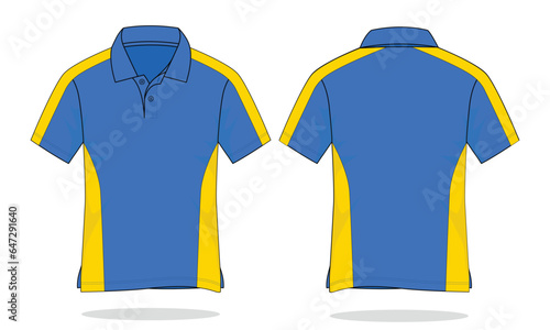 Two tone short sleeve polo shirt with blue-yellow design on white background. Front and back view, vector file