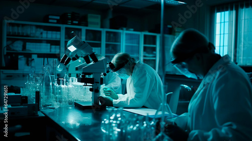 Scientists in protection suits and masks working in research secret lab using laboratory equipment: microscopes, test tubes. Pharmaceutical discovery, bacteriology and virology. Research scientist in