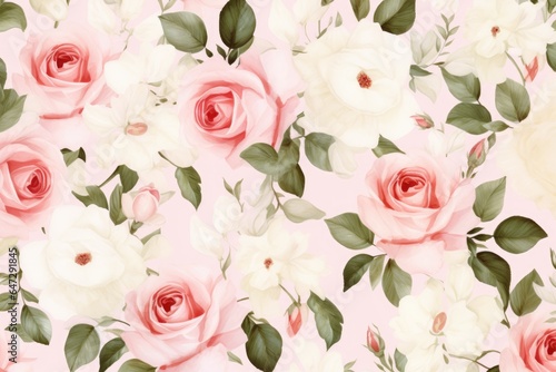 Colorful White And Pink Rose Flower Watercolor Pattern Background. Wallpaper. Valentine's Day Banner. Abstract. Winter. Christmas. Bg. Generative AI