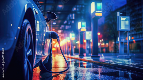 Nightlife Scene with an Electric Car charging and a Bokeh Effects