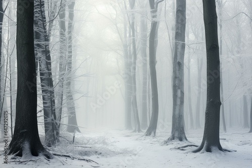 Misty winter woods adorned with snow-laden trees. Generative AI