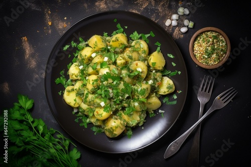 Potato salad with onion, capers, greens on a plate. Dark background. View from above. Generative AI