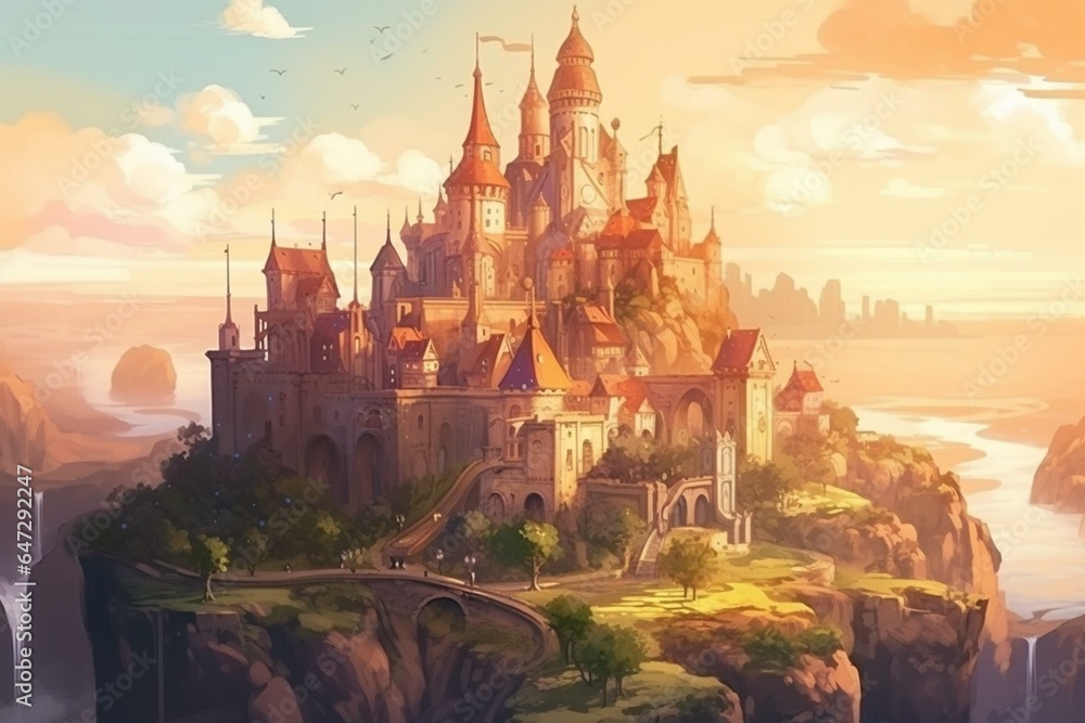 A majestic fantasy castle city in a fairy land with a royal background, perfect for children's books, stories, illustrations, and fairy tales. Generative AI