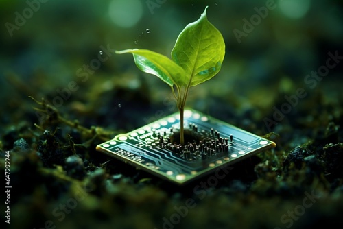 An organic growth sprouts on a computer chip, forming a digital background with technology. Generative AI