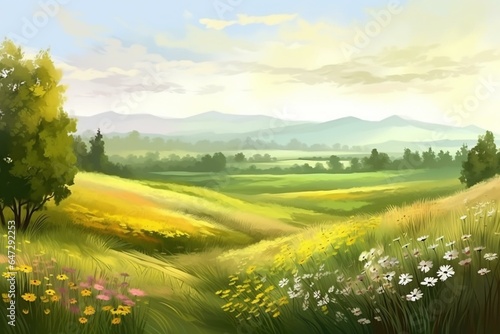 Landscape with sunny meadow and flowers. Generative AI © Xander