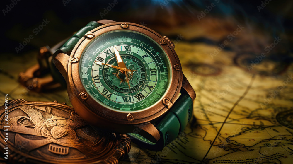 Poster Print closeup of a luxury and elegant Green and leather timepiece watch on Old map 40x22.2 cm