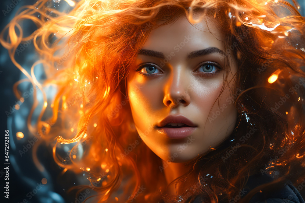 Woman with red hair and blue eyes is shown in this artistic photo.