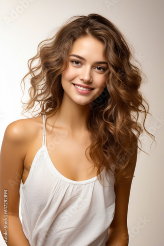 Woman with long hair smiling and wearing white tank top.