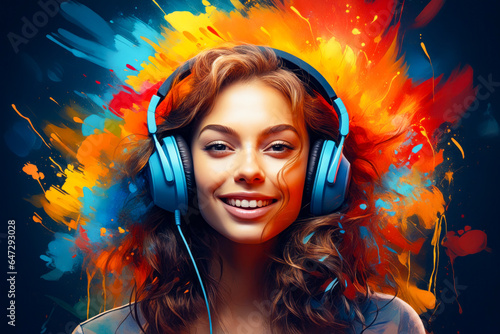 Woman with headphones on and colorful background with paint.