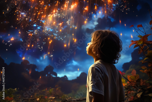 Young boy looking at fireworks display in the sky.