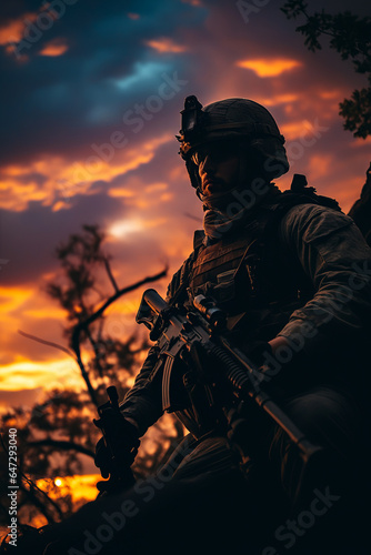 Soldier with gun in his hand and sunset in the background.