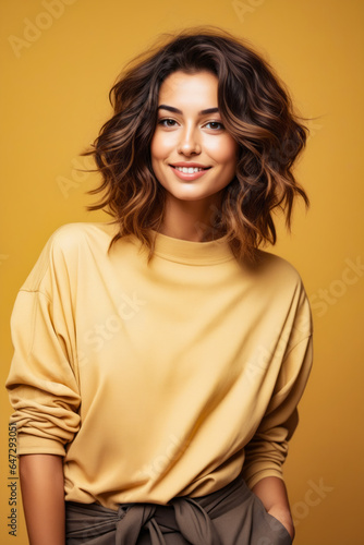 Woman with short brown hair and yellow shirt.