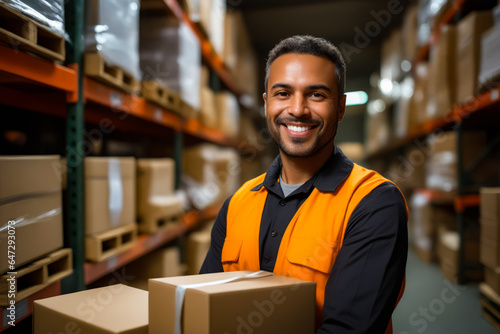 Man in warehouse holding box and smiling for the camera.