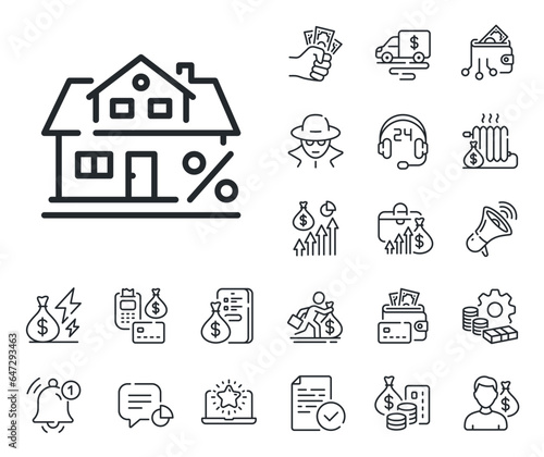 Credit tax rate sign. Cash money, loan and mortgage outline icons. Mortgage line icon. Real estate percent symbol. Mortgage line sign. Credit card, crypto wallet icon. Inflation, job salary. Vector