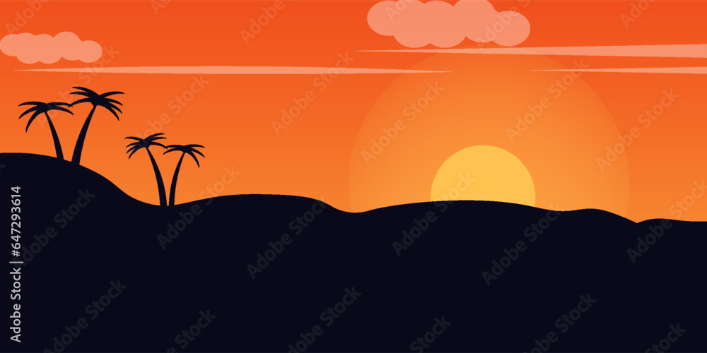 Sunset, sea beach and sun, ocean sunrise, palms