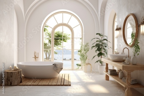 a modern white bathroom with natural wood flooring and woodwork ,a window and a white bathtub © XC Stock