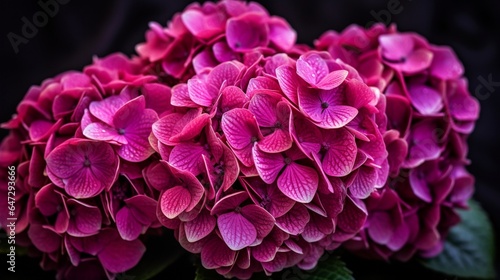 Close-up of dark pink-purple Hydrangea bouquet flowers blooming in the garden on a dark background. The ornamental flowers for decorating in the garden