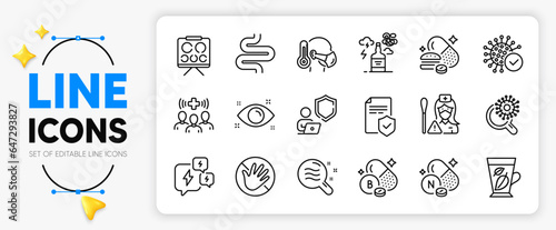 Medical staff, Vision board and Insurance policy line icons set for app include Vitamin n, Alcohol addiction, Coronavirus research outline thin icon. Stress, Skin condition. Vector