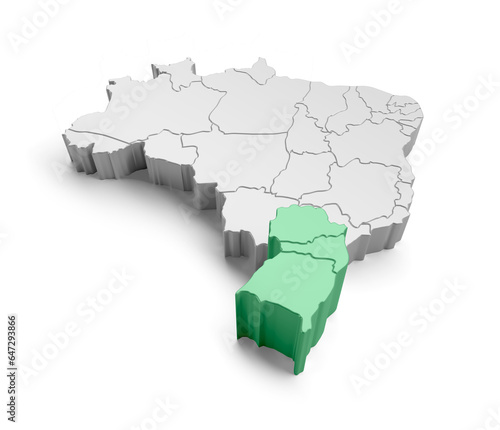 Isometric map of brazil with emphasis on the south region in on transparent background in 3d rendering