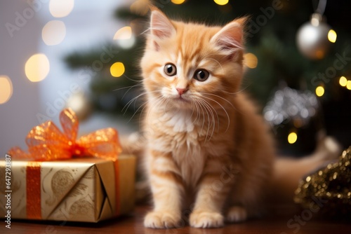 Photo of a festive ginger cat sitting next to a beautifully decorated Christmas tree and lovely wrapped Christmas presents - created with Generative AI technology