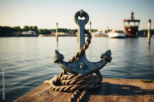 An aged, retro sea anchor tied with a rope knot on a dock, representing a maritime sailing piece, symbolizing an ocean harbor. Generative AI