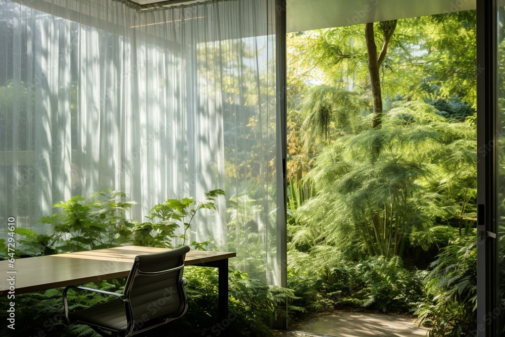 Privacy curtain and sunshade in office with garden view. Generative AI