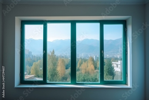 Panoramic view of majestic mountains through a spacious window under a clear blue sky. Generative AI