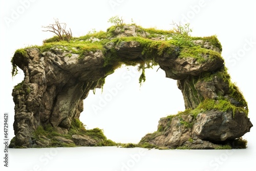 Natural rock arch isolated against white background. Moss-covered cave entrance with old boulder. Generative AI