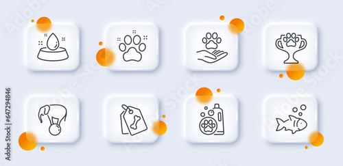 Pet shampoo, Fish and Pet tags line icons pack. 3d glass buttons with blurred circles. Elephant on ball, Winner cup, Pets care web icon. Water bowl pictogram. For web app, printing. Vector