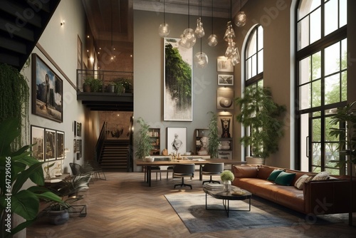 Photorealistic rendering of an elegant loft adorned with framed artwork  stylish lighting  and lush greenery. Generative AI