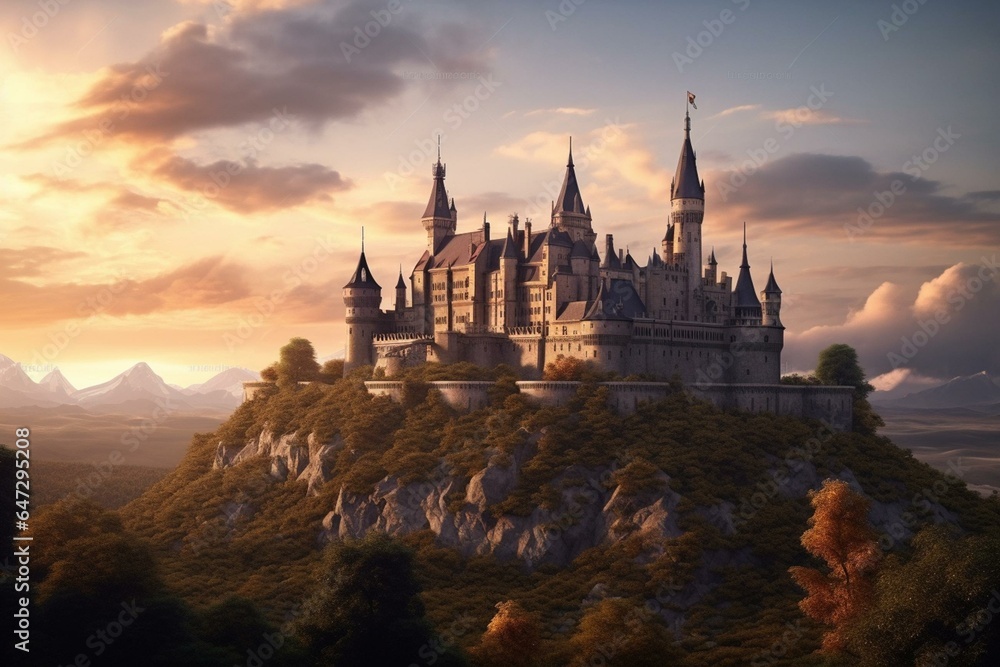 Morning castle. Digital. Fantasy. 3D art. Background. Illustration. Generative AI