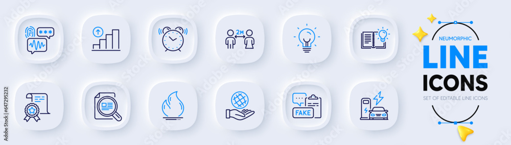 Alarm clock, Energy and Product knowledge line icons for web app. Pack of Charging station, Graph chart, Safe planet pictogram icons. Fire energy, Social distancing, Certificate signs. Vector Alarm clock, Energy and Product knowledge line icons for web app. Pack of Charging station, Graph chart, Safe planet pictogram icons. Fire energy, Social distancing, Certificate signs. Vector