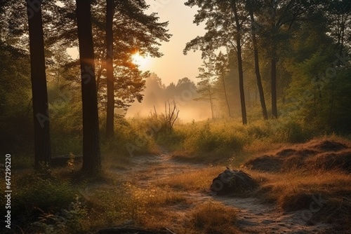 peaceful forest landscape at dawn. Generative AI