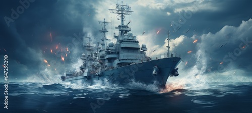 Fotografia Battleship combat military vessel. Generative AI technology.