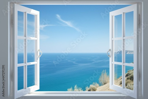 Scenic seaview framed by open window on sunny day. Generative AI