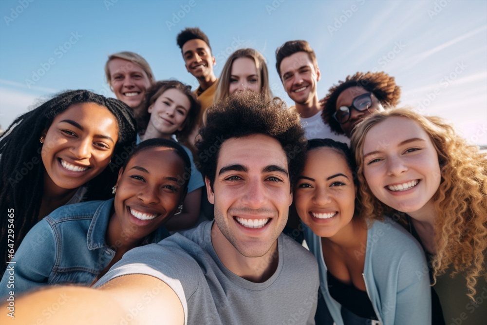 Outdoors portrait people selfie happy cheerful fun friendship smiling group friends Outdoors portrait people selfie happy cheerful fun friendship smiling group friends