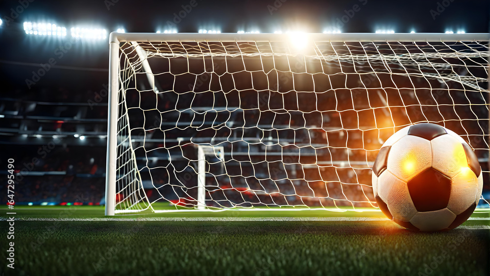 A soccer ball is covered in light on the background of a soccer field. - obrazy, fototapety, plakaty 