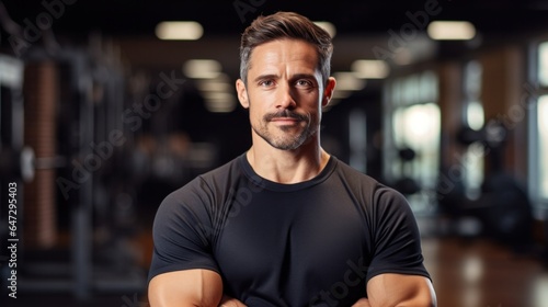 A man wearing a workout attire against a bright gym interior background.