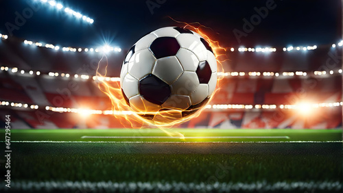 A soccer ball is covered in light on the background of a soccer field. © anmitsu