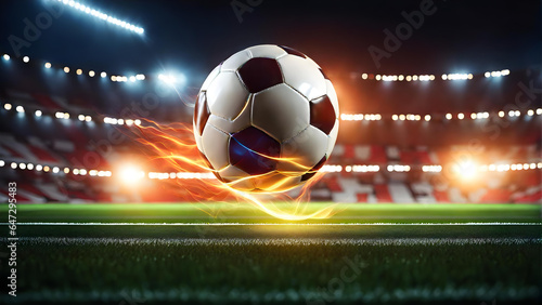 A soccer ball is covered in light on the background of a soccer field. photo