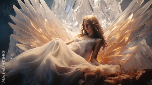 Young fairytale princess with long blonde hair taking a beauty rest on a radiant white crystal feather bed, peacefully relaxing, soft silky night gown, fantasy castle bedroom.