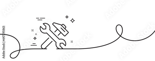 Repair line icon. Continuous one line with curl. Fix service sign. Wrench and hammer tool symbol. Repair single outline ribbon. Loop curve pattern. Vector