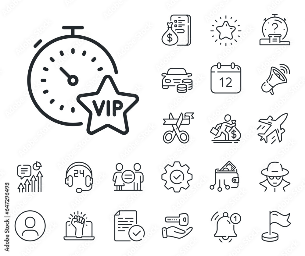 Very important person sign. Salaryman, gender equality and alert bell outline icons. Vip timer line icon. Member club privilege symbol. Vip timer line sign. Spy or profile placeholder icon. Vector Very important person sign. Salaryman, gender equality and alert bell outline icons. Vip timer line icon. Member club privilege symbol. Vip timer line sign. Spy or profile placeholder icon. Vector