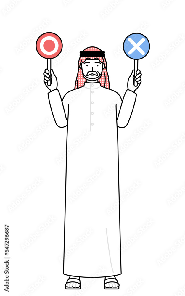 Senior Muslim Man holding a placard indicating correct and incorrect answers. Senior Muslim Man holding a placard indicating correct and incorrect answers.