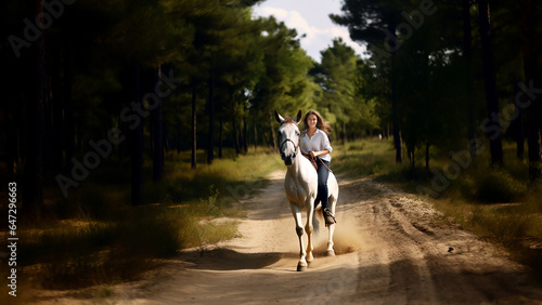 A beautiful brunette in a white shirt rides on a horse in the forest. © July P