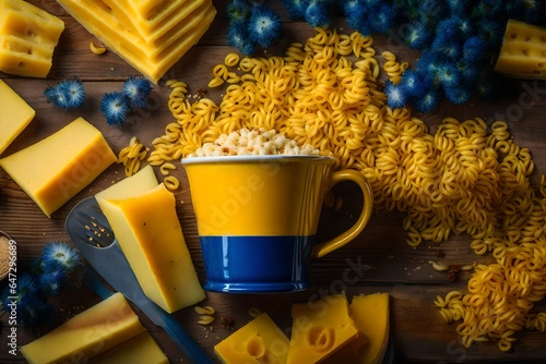 A bright yellow and blue banner with a cup of macaroni, overflowing with cheese and garlic, and a sprinkle of seasonings - AI Generative