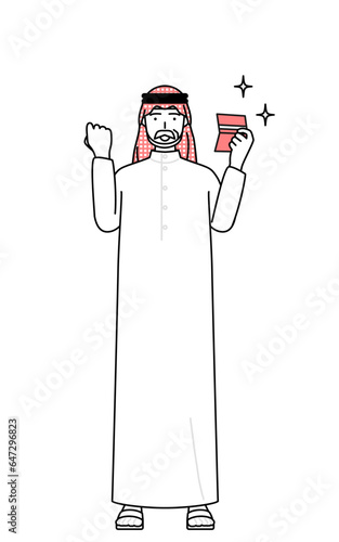 Senior Muslim Man who is pleased to see a bankbook.