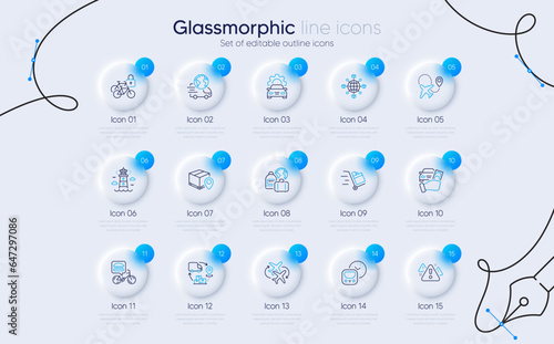 Set of Baggage, Logistics network and Parcel tracking line icons for web app. Food delivery, Rent car, Supply chain icons. Bicycle lockers, Airplane, Warning signs. Lighthouse. Vector
