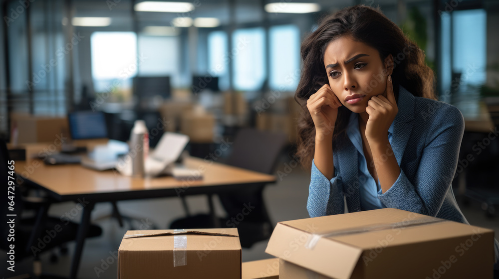 Frustrated fired woman sits among cardboard boxes of her belongings and holds . Frustrated fired woman sits among cardboard boxes of her belongings and holds .