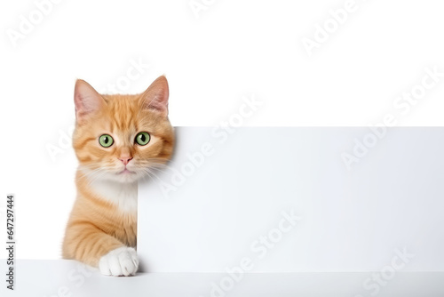 Ginger cat holding a blank poster, isolated on white background. Generative AI